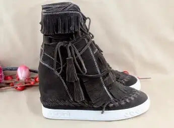 Girls Beige Black Gray Pink Suede Genuine Leather Round Toe Tassel Fringed 8 CM Height Increasing Wedges Sneakers Ankle Boots