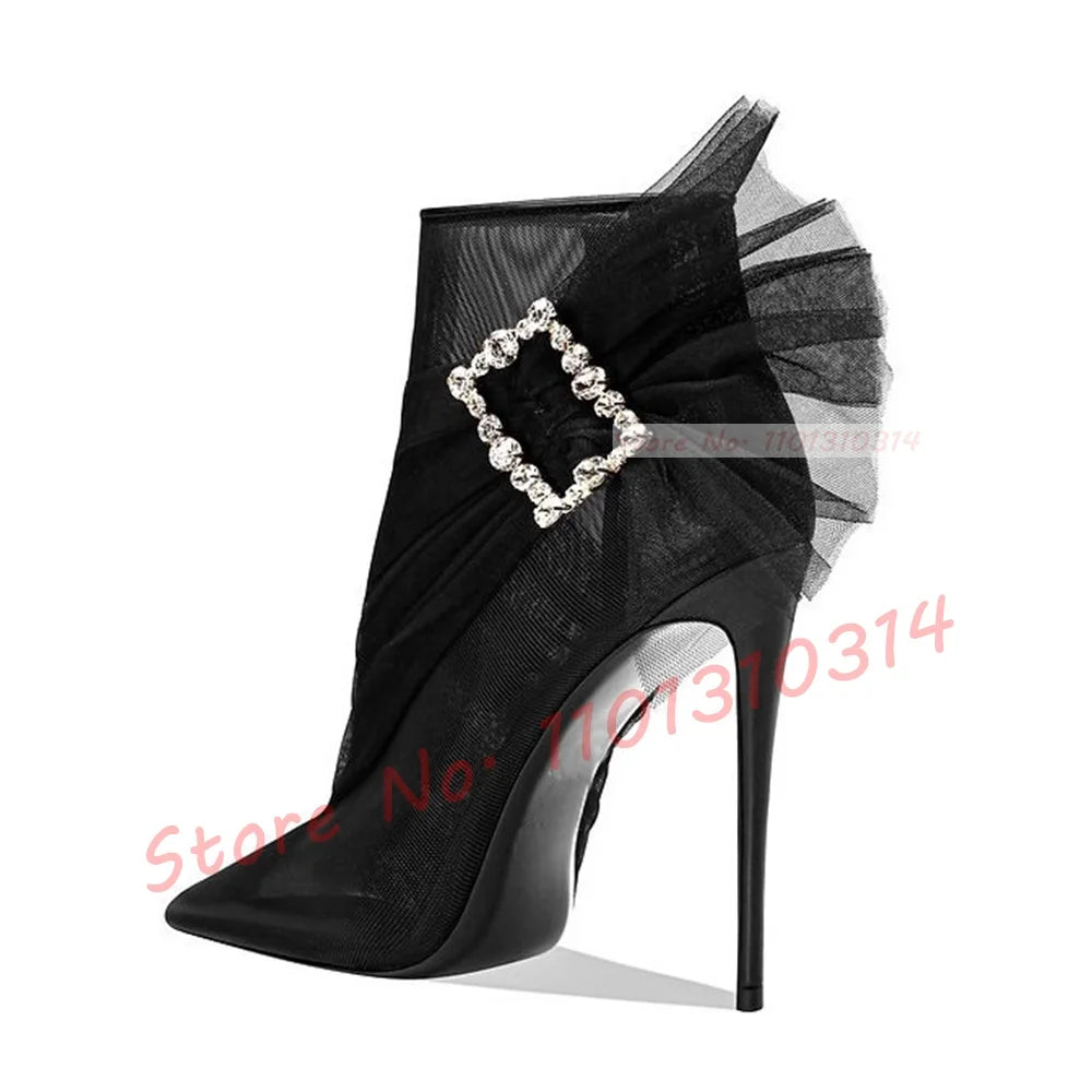 See Through Mesh Crystal Buckle Ankle Booties for Women