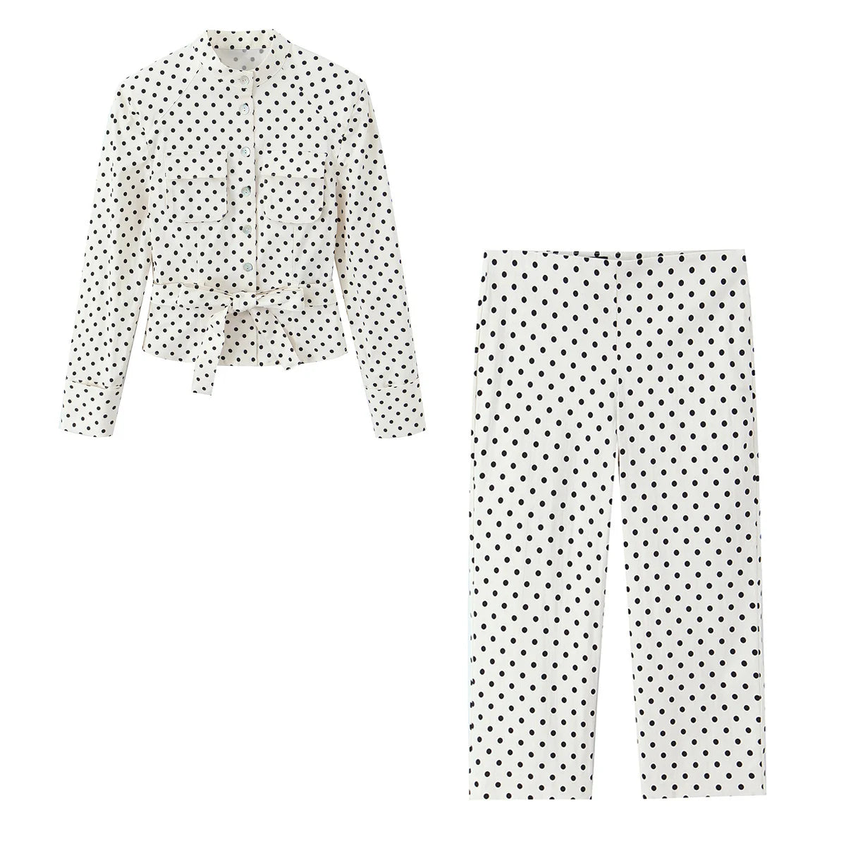 Polka Dot Shirt Jacket and Capri Pants Two Piece Set for Women