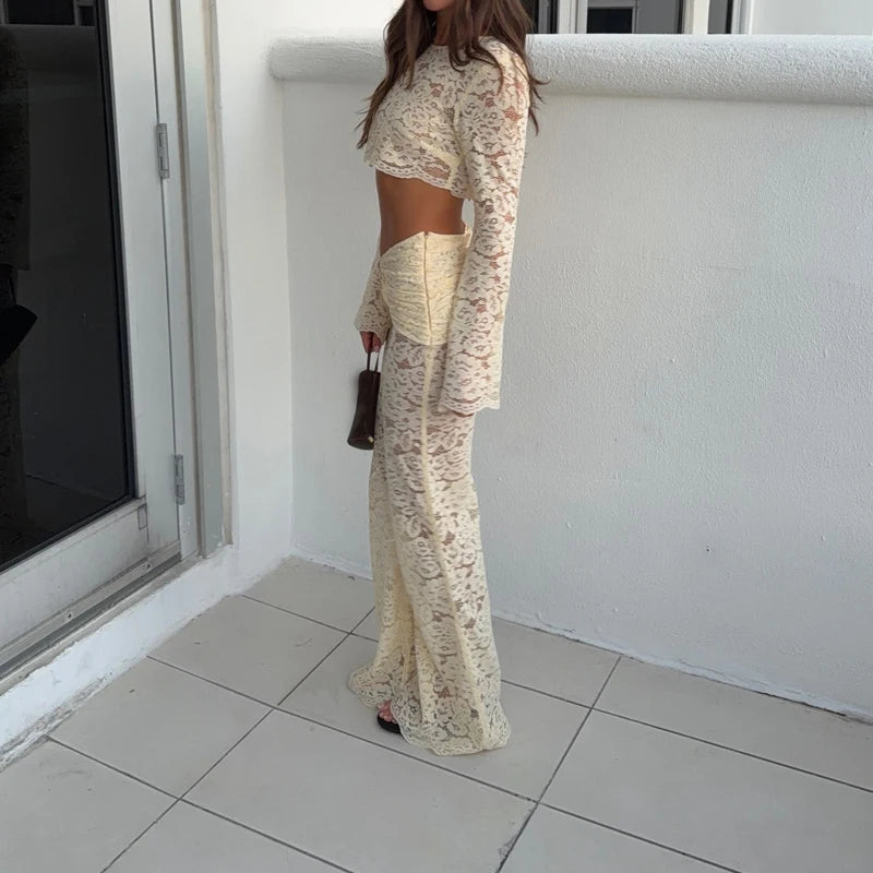 Fashion O-neck Crop Top & Long Pant Women Outfits Elegant Backless Design Slim Party Set Sexy Lace Embroidery Solid 2 Piece Suit