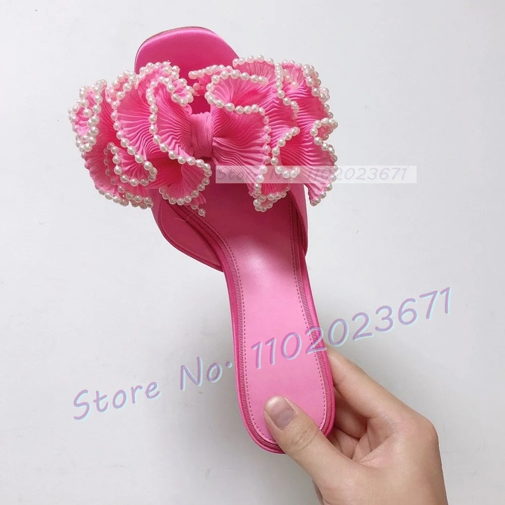 Satin Floral Open Toe Mules With Pearl Trim For Women