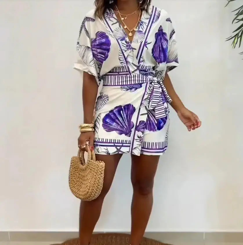 Seashell Starfish Print Wrap V Neck Short Sleeve Lace Up Romper for Women