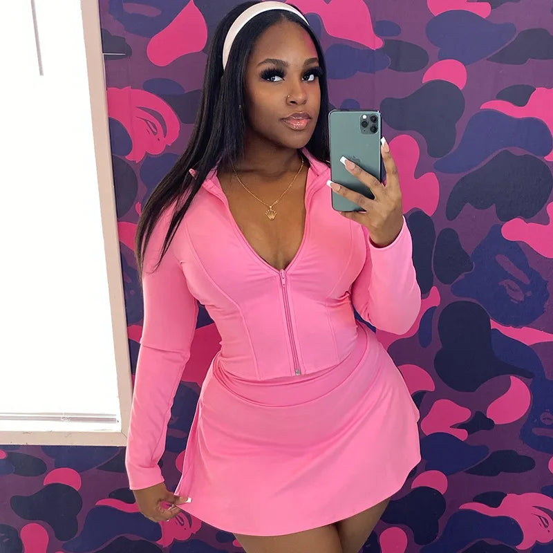 FAGADOER Sexy Sporty 2 Pieces Set for Woman Zipper Long Sleeve Jacket Tops + Pleated Skirts Tracksuits Female Streetwear 2025