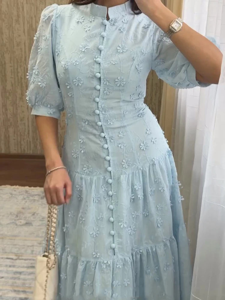 Floral Puff Sleeve Empire Waist Long Dress for Women