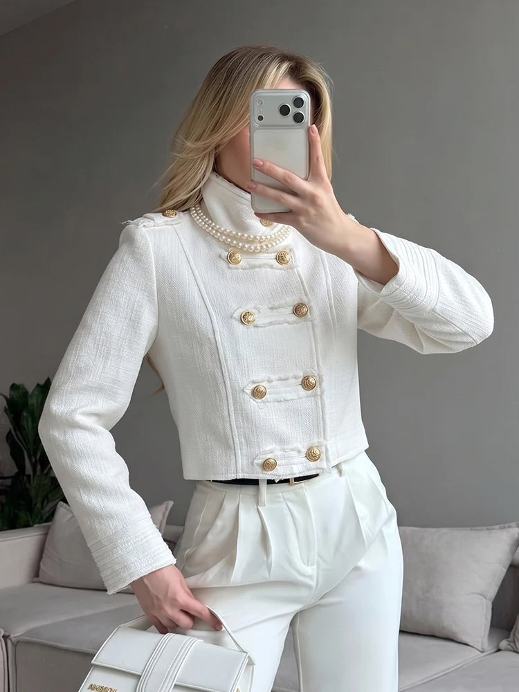 White Tweed Cropped Jacket With Gold Buttons for Women