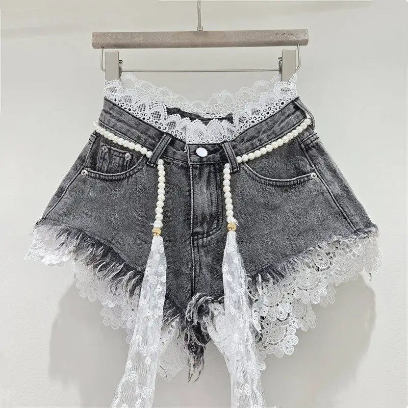 Casual High Waisted Crochet Lace Denim Shorts For Women