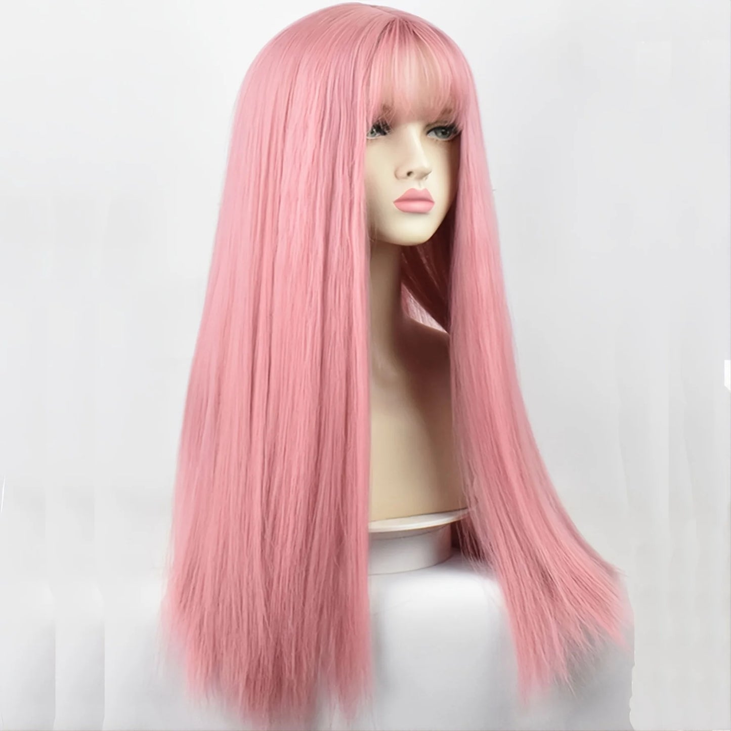 Long Straight Pink Heat Resistant Synthetic Wig With Bangs For Women