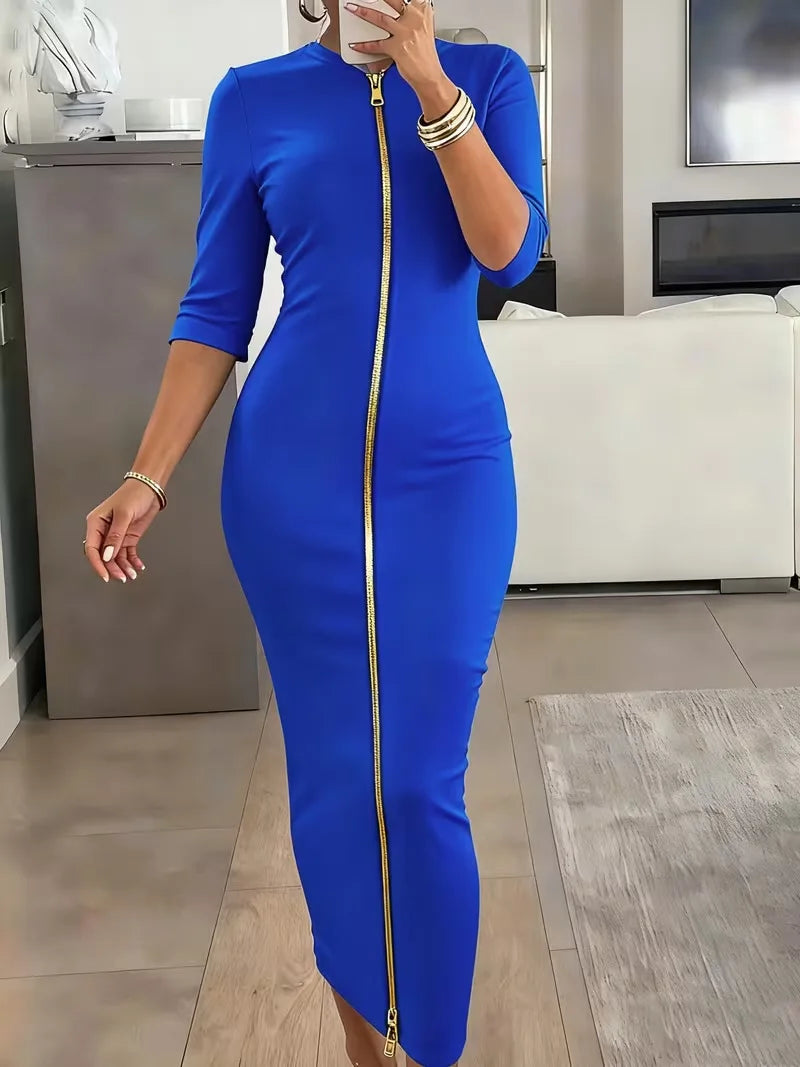 Elegant Mid Sleeve V Neck Ankle Length Dress for Women
