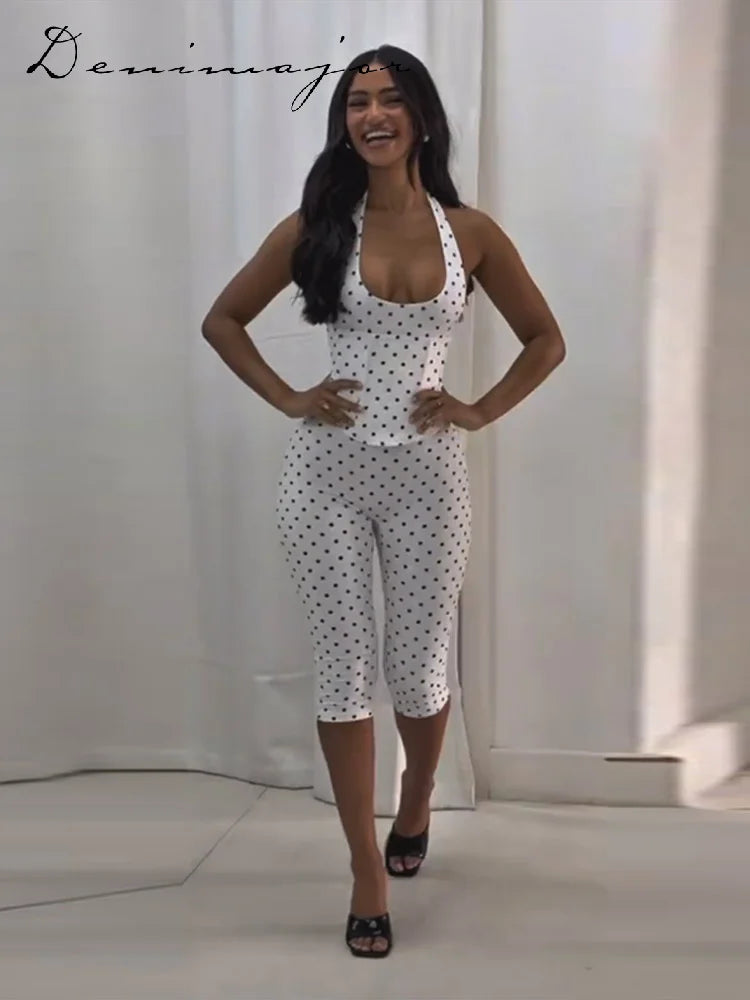 Polka Dot Halter Corset Top and Cropped Pants Set for Women
