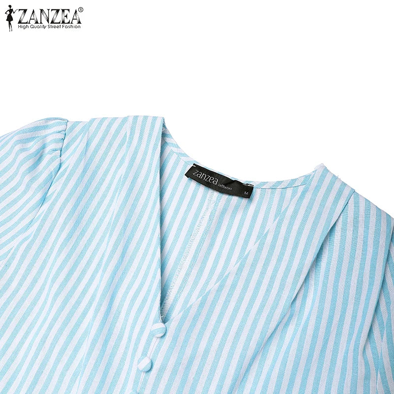 ZANZEA Women Elegant Striped Midi Dresses 2025 Summer Fashion V-Neck Short Puff Sleeve Fitted Waist A-Line Robes Femme Korean