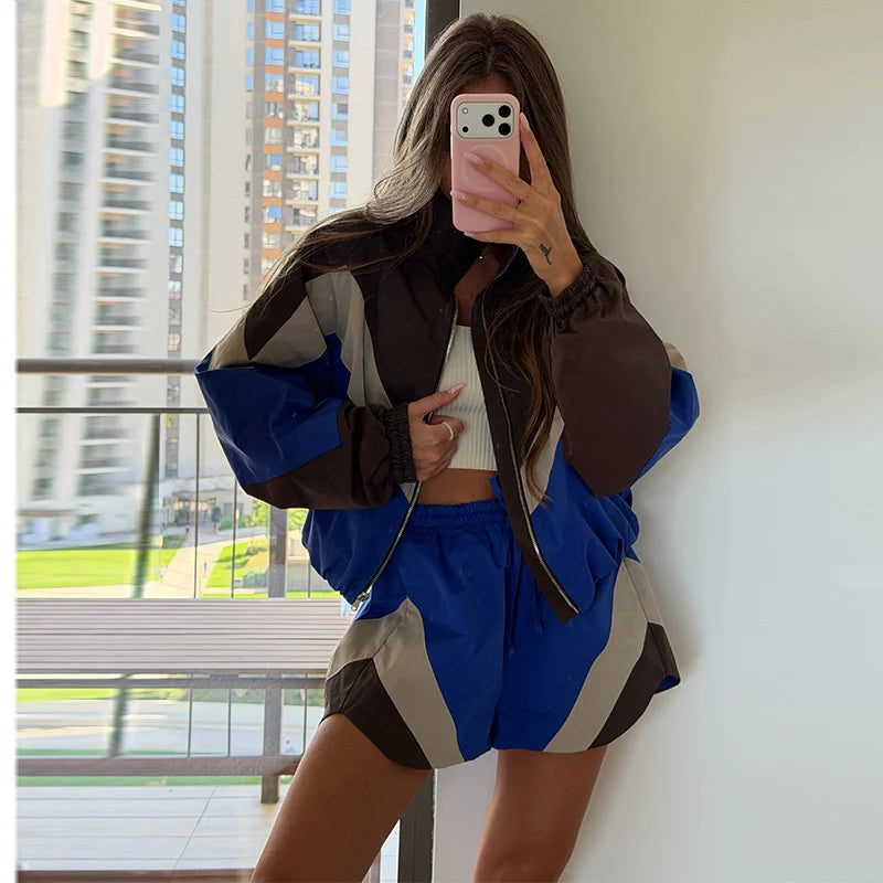 Contrast Color Zip Jacket and Shorts Two Piece Set for Women