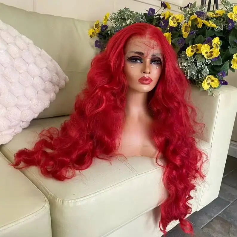 Bright Red Body Wave Heat Resistant Lace Front Wig for Women