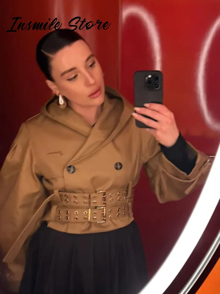 Khaki Cotton Blended Double Breasted Puff Sleeve Coat For Women