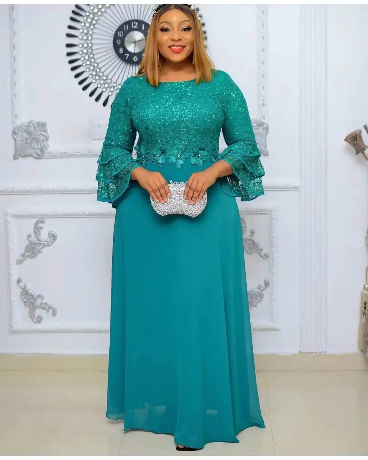 Customized African Wedding Party Dreses for Women Spring Autumn African Short Sleeve V-neck Polyester Green Pink Red Long Dress