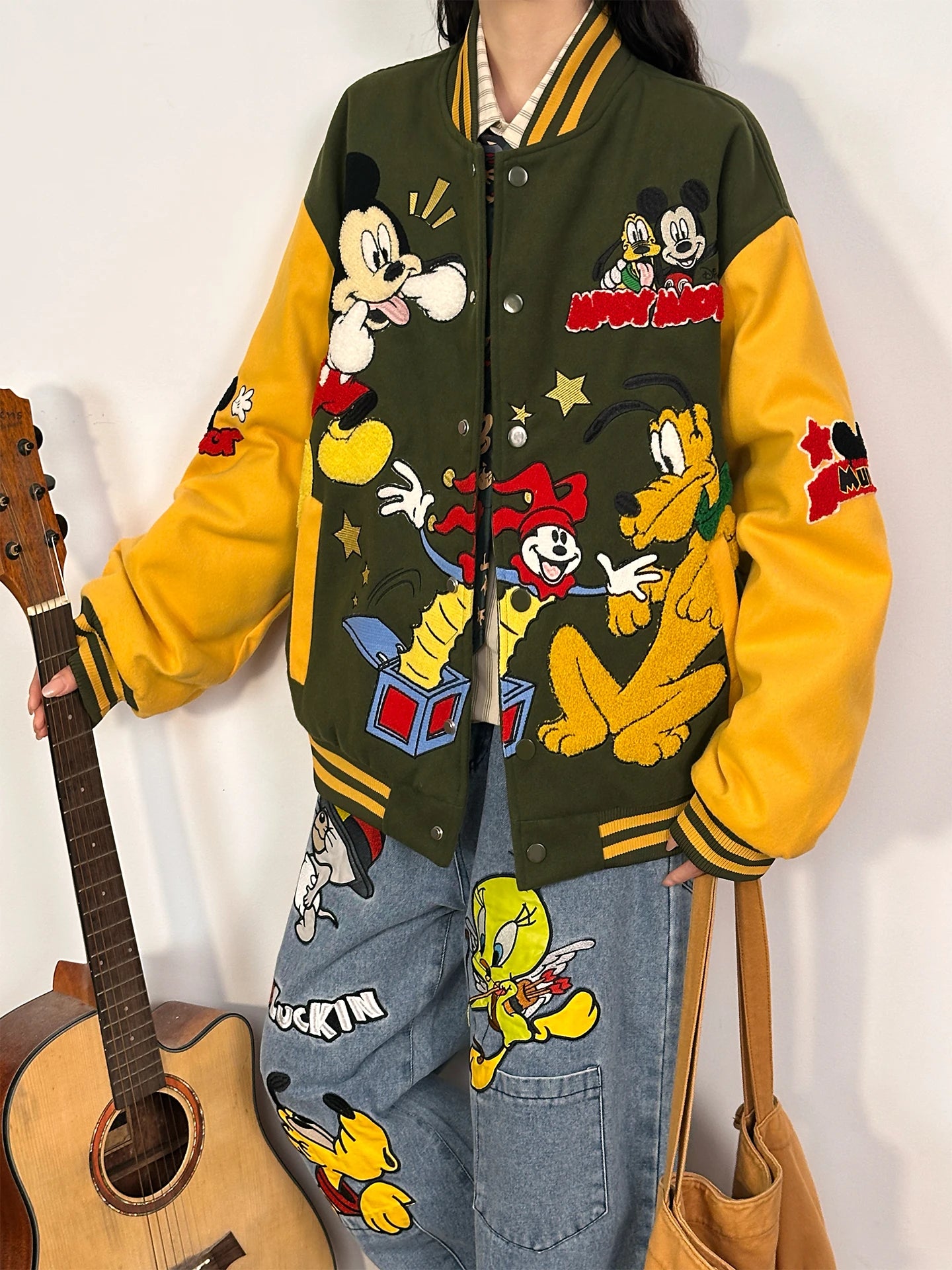 American Retro Cartoon Embroidery Thickened Cotton Baseball Jacket for Women Loose Cotton Coat for Autumn and Winter 2025 New