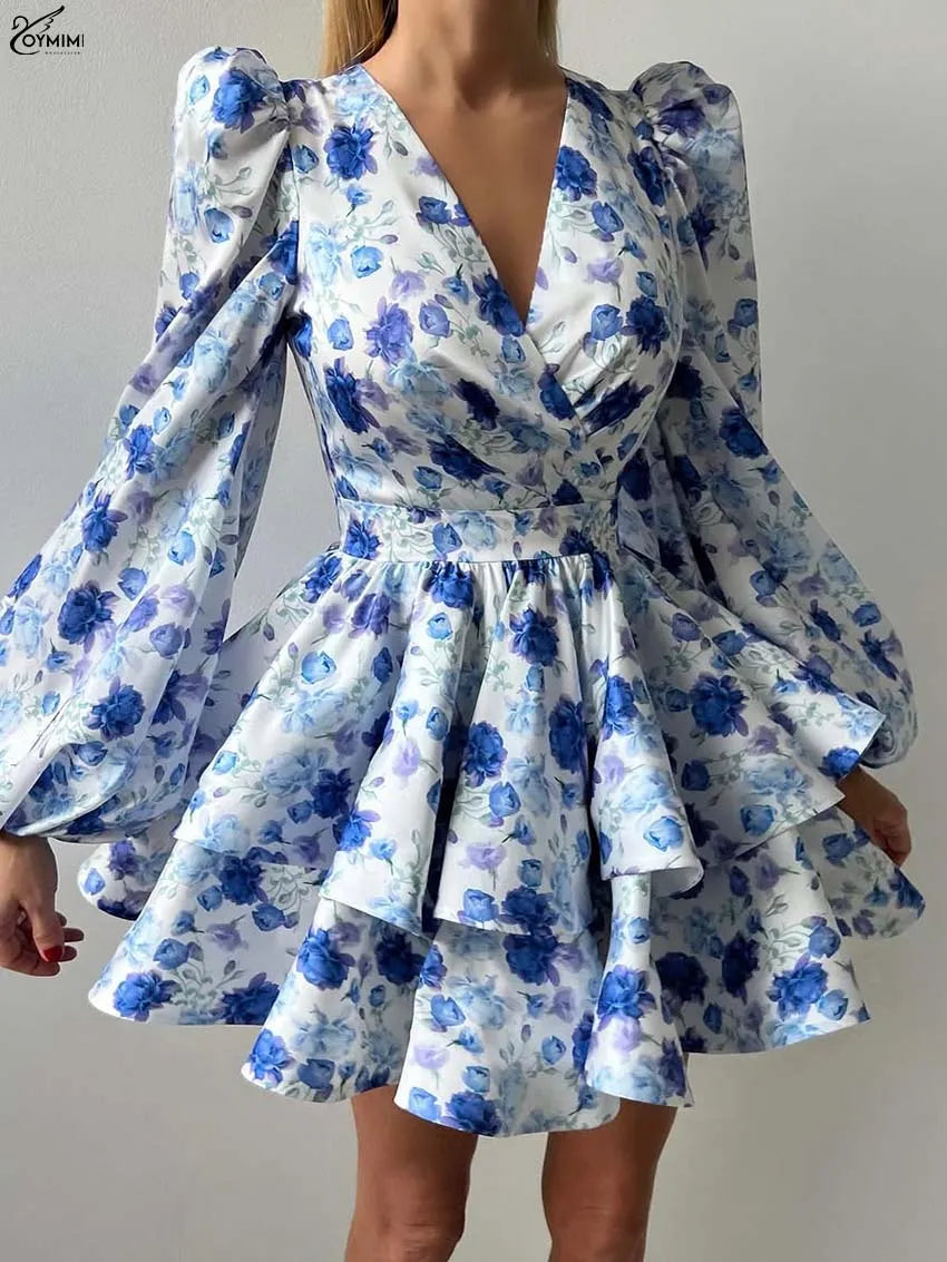 Oymimi Fashion Blue Print Womens Dresses Elegant V-Neck Long Sleeve Zipper Dresses Casual High Waist Pleated Mini Dress Female