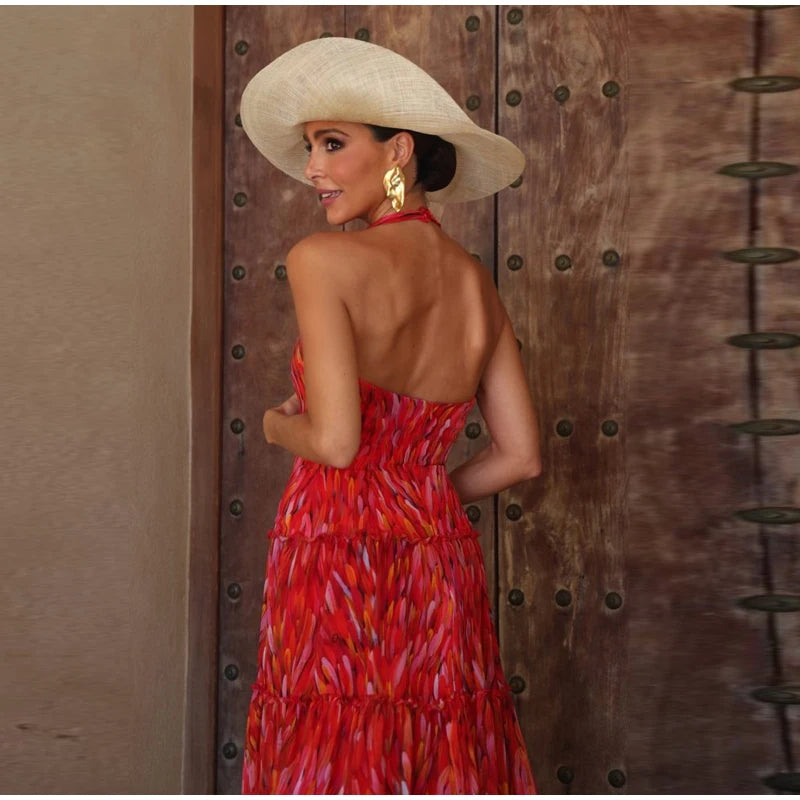 Printed Halter Neck Maxi Dress and Cropped Jacket Set for Women