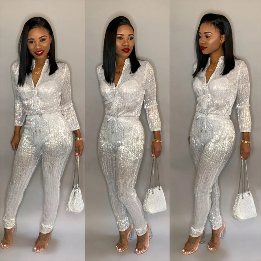 Elegant Silver Metallic Zippered Club Jumpsuit For Women