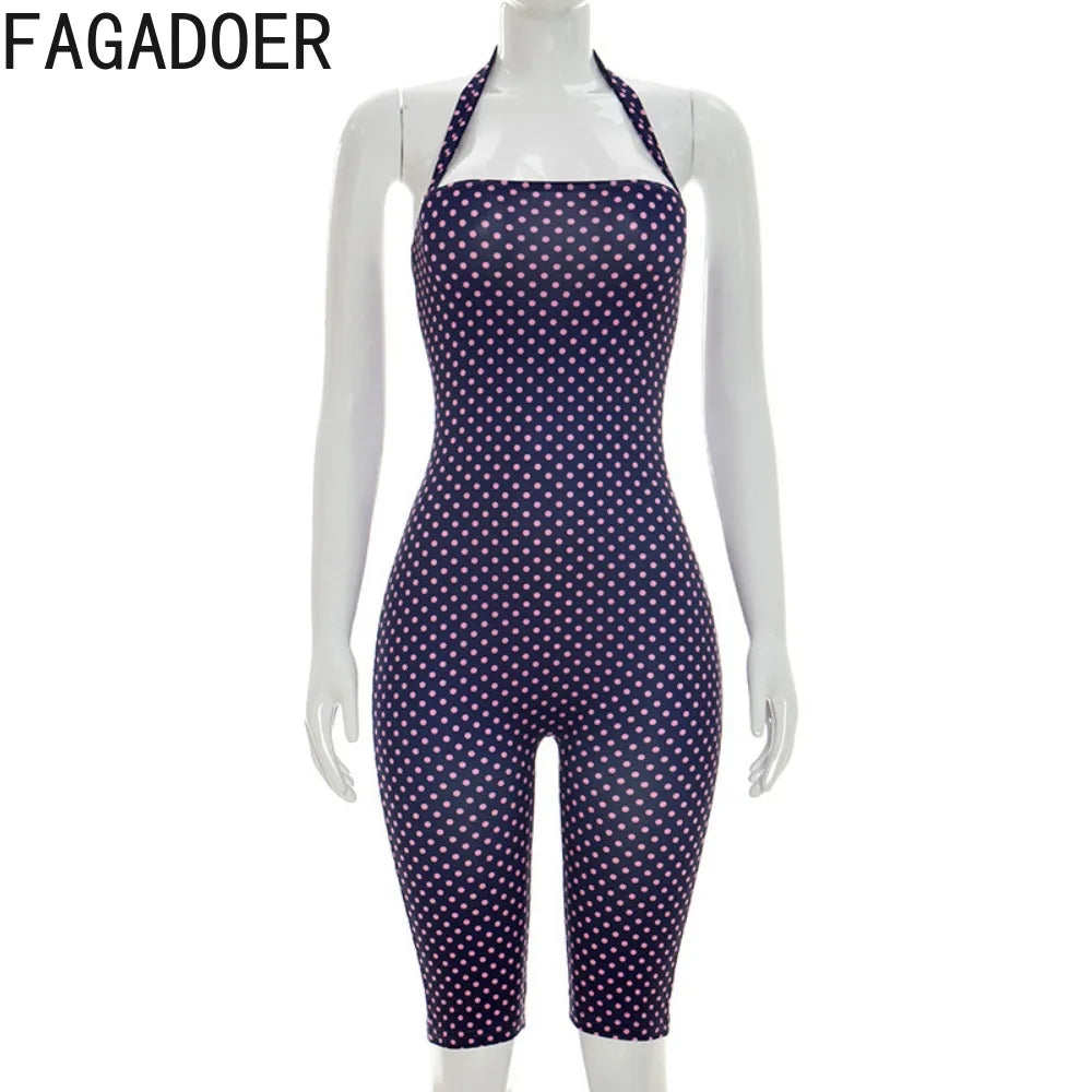 Polka Dot Halter Backless Bodycon Romper for Women