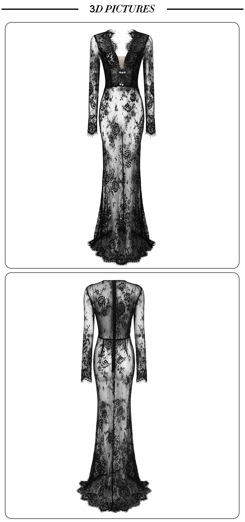 V Neck Long Sleeve Lace Black Evening Maxi Dress for Women