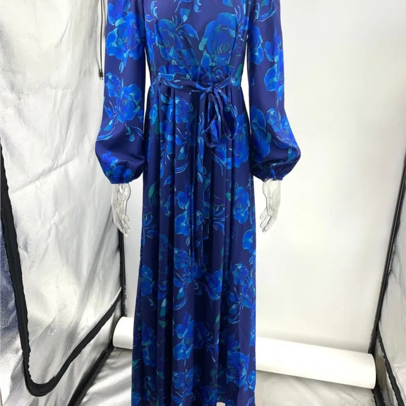 Vintage Pattern Print Long Dress Women Sexy Off Shoulder Long Sleeve Party Dress Fashion Waist Pleat Loose Hem Beach Dress