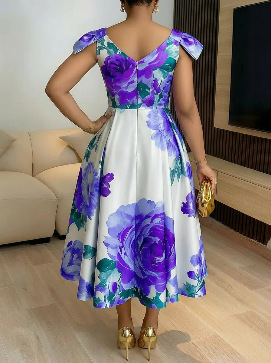 Women Cap Sleeve Floral Print Midi Dress Elegant Pleated Swing Dress For Evening Party Formal Occasion Slim Fit