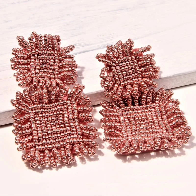 Bohemian Beaded Square Fringe Drop Earrings for Women