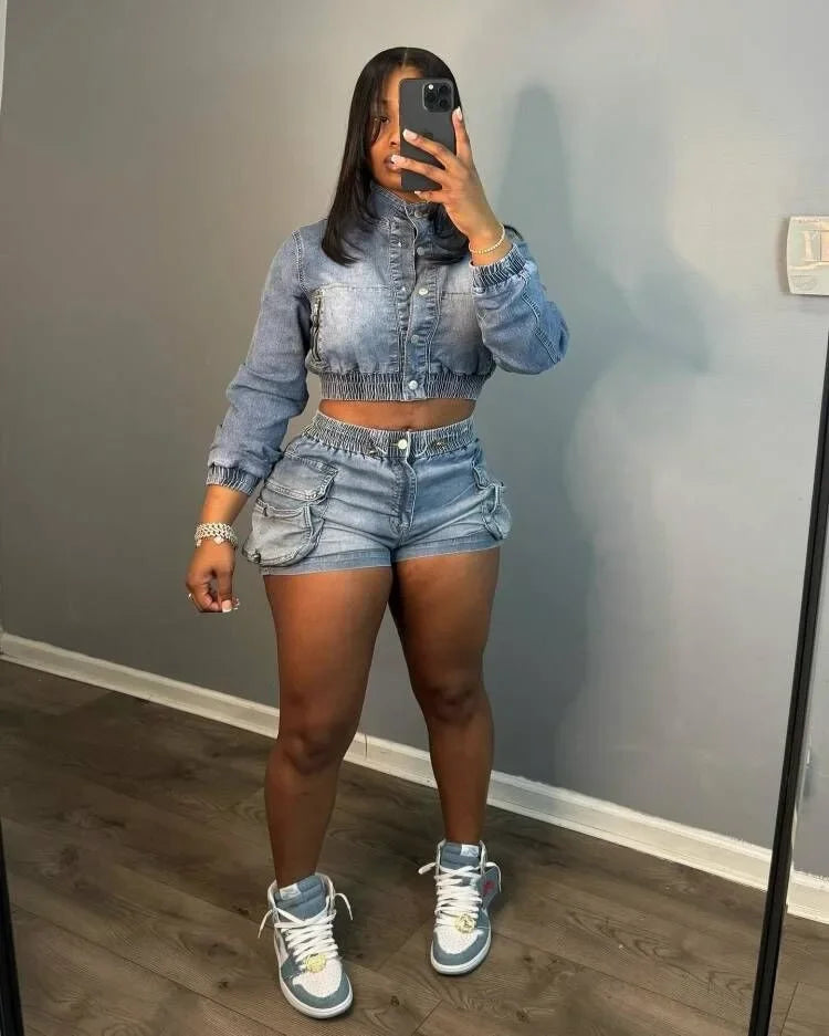 Elegant Two Piece Denim Shorts Set With Pockets for Women