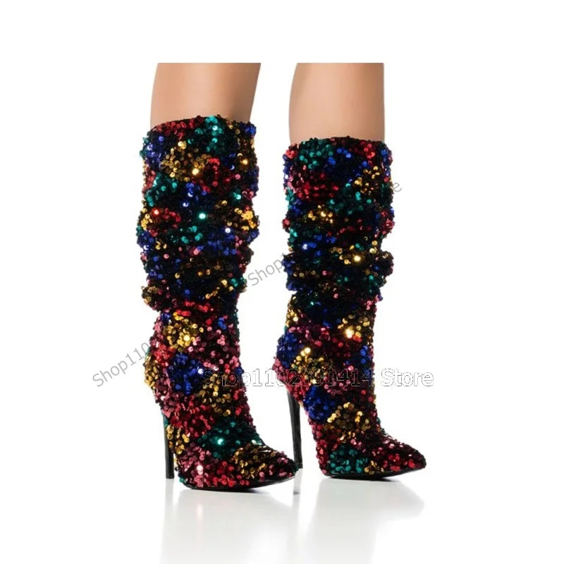 Colorful Pointed Toe Mid Calf Boots With Stiletto Heel for Women