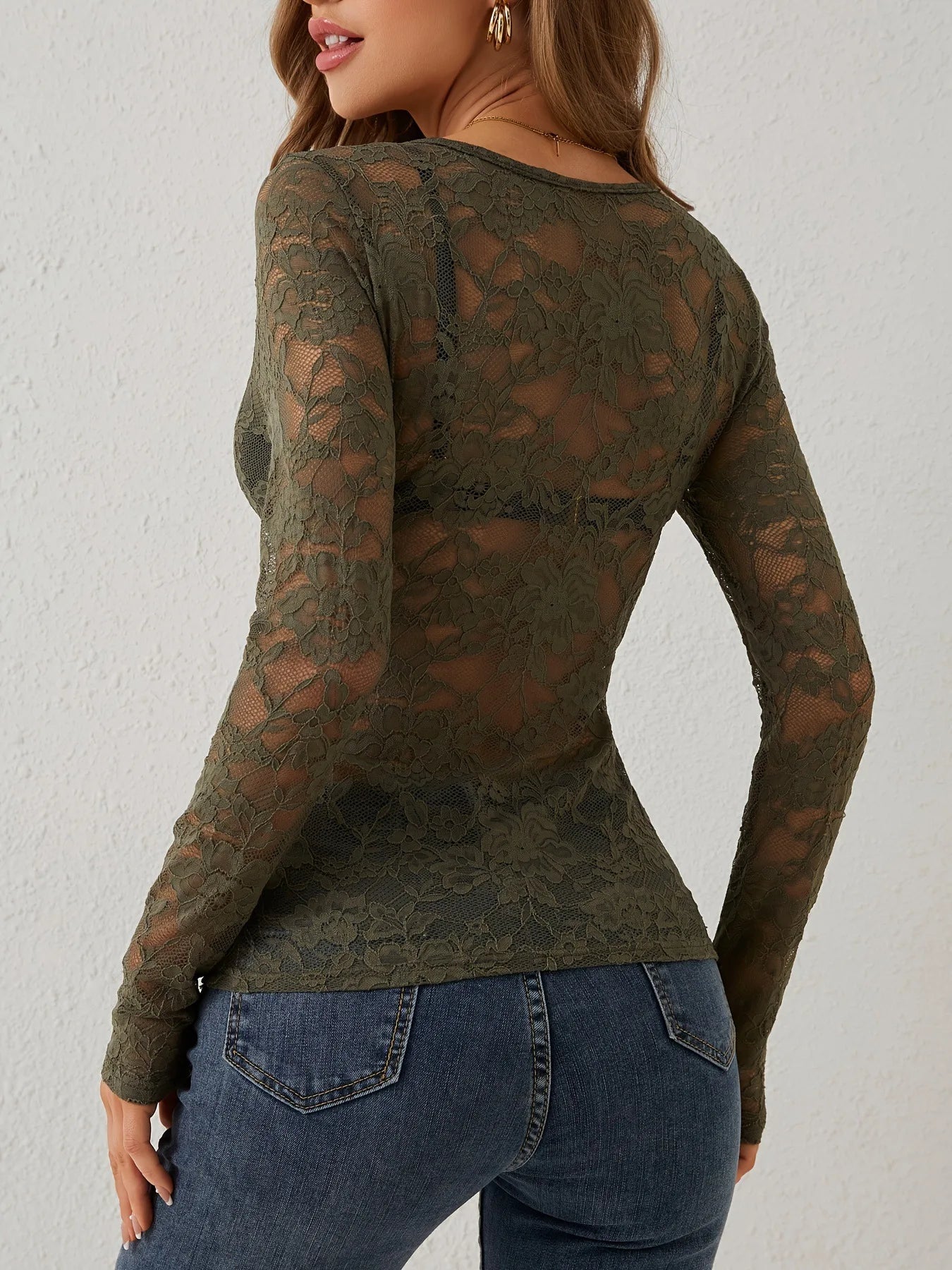 V-Neck Sheer Lace Long Sleeve Top with Scallop Trim for Women