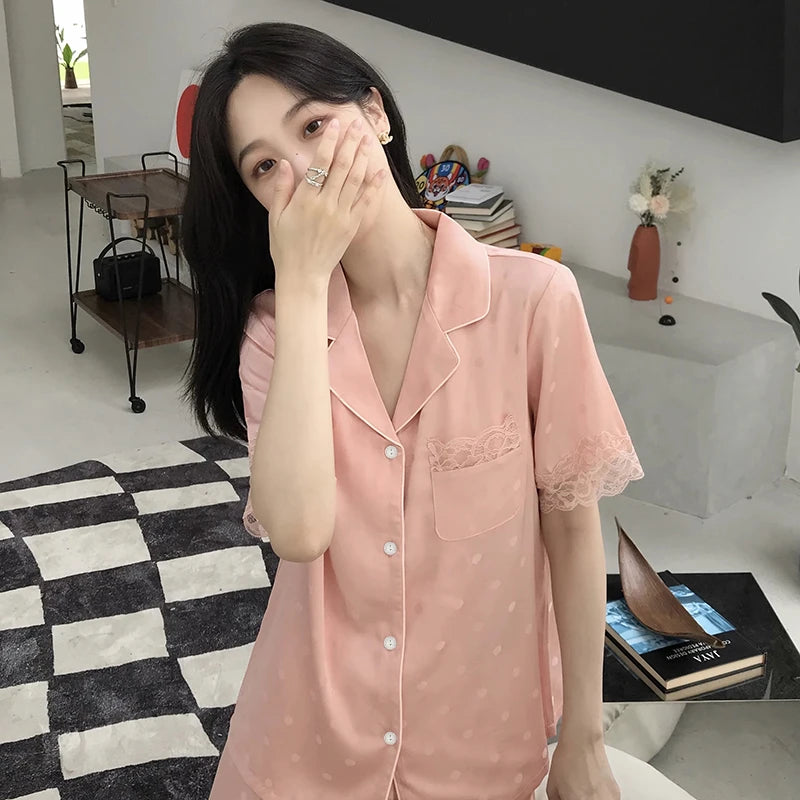 Y2k Pink Sweet Dot Lace Jacquard Women Pajamas French Romantic Lazy Lady Nightgown 2024 New Summer Korean Harajuku Home 2pc Set