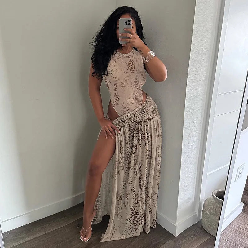 Leopard Print Bodysuit And Split Skirt Set for Women