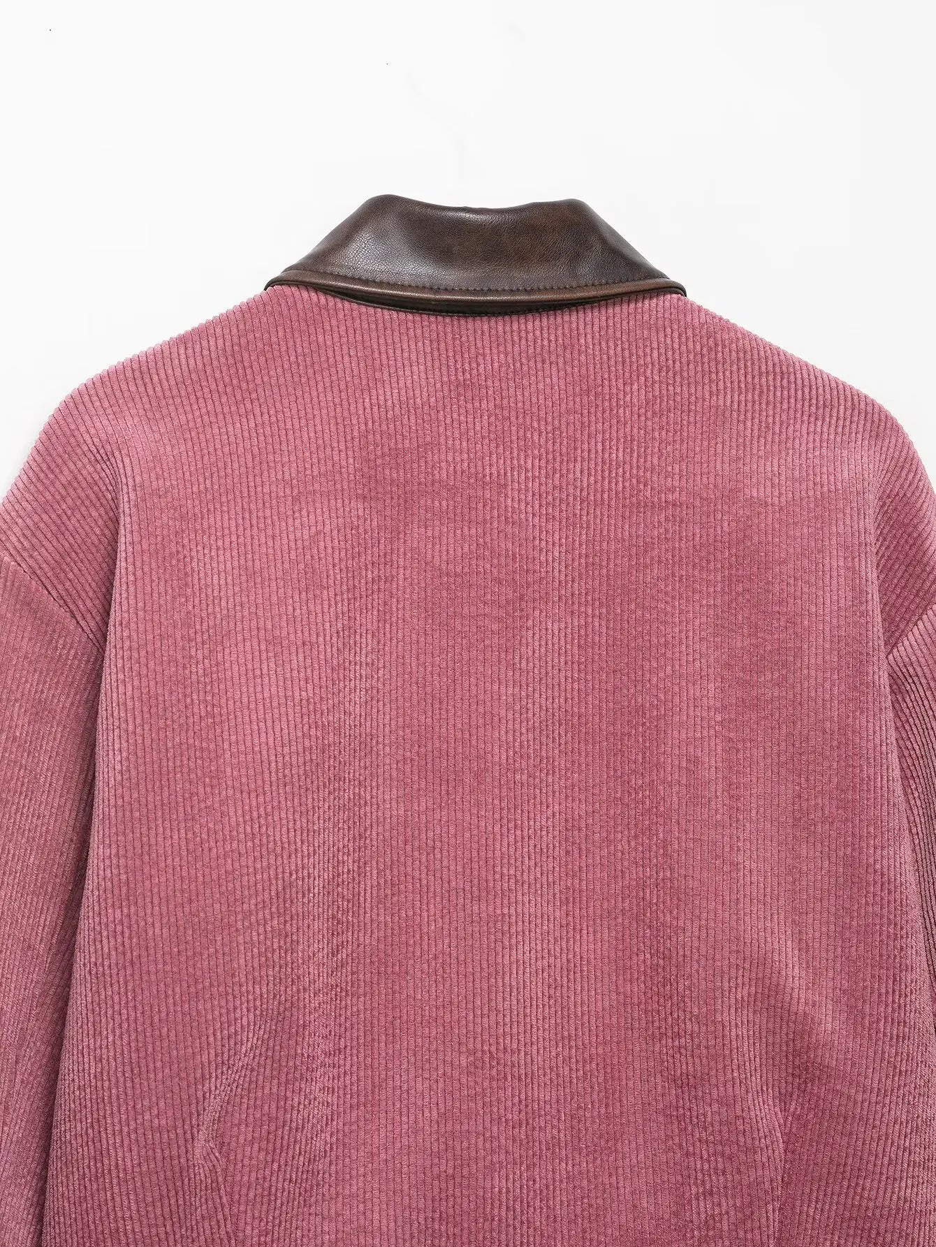 Pink Corduroy With Zipper And Pockets Long Sleeve Jacket for Women