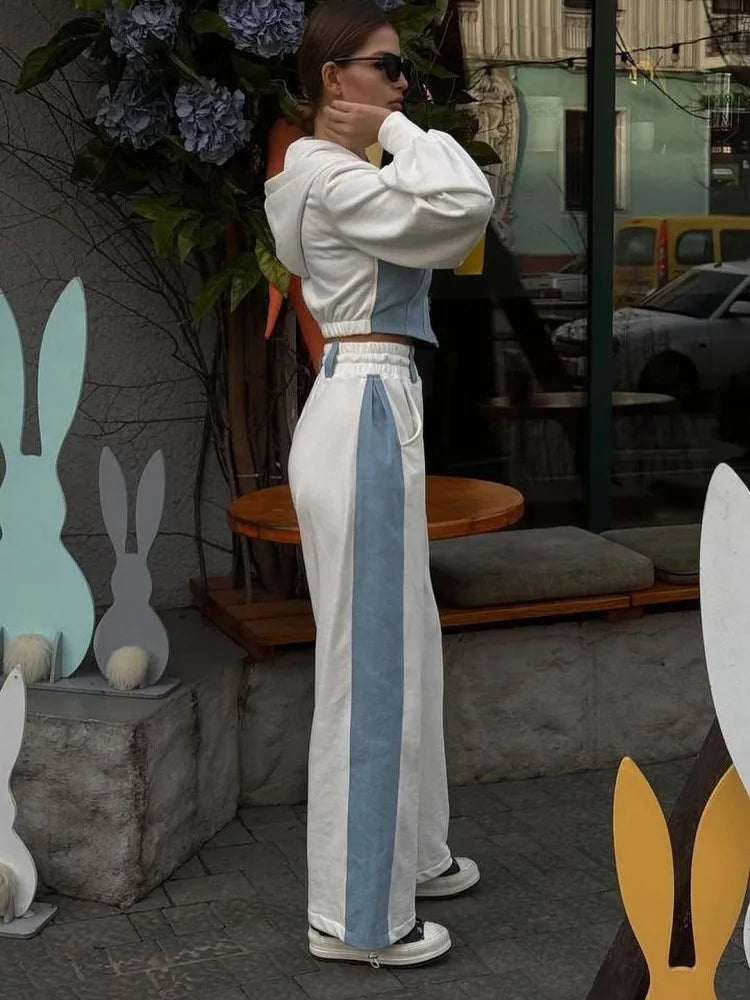 Fashion Patchwork Denim 2 Piece Sets Women Zip Hoodies Crop Top Wide Leg Sweatpants Suit Streetwear Casual Tracksuits Outfits