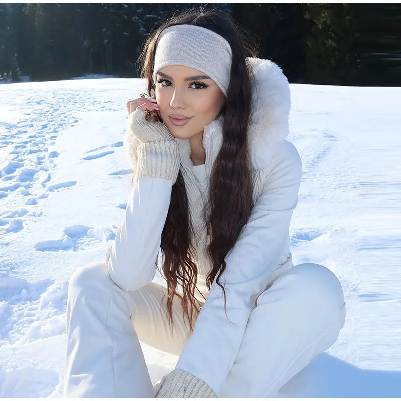 Warm Fur Trim Hooded Winter Ski Suit with Belt for Women
