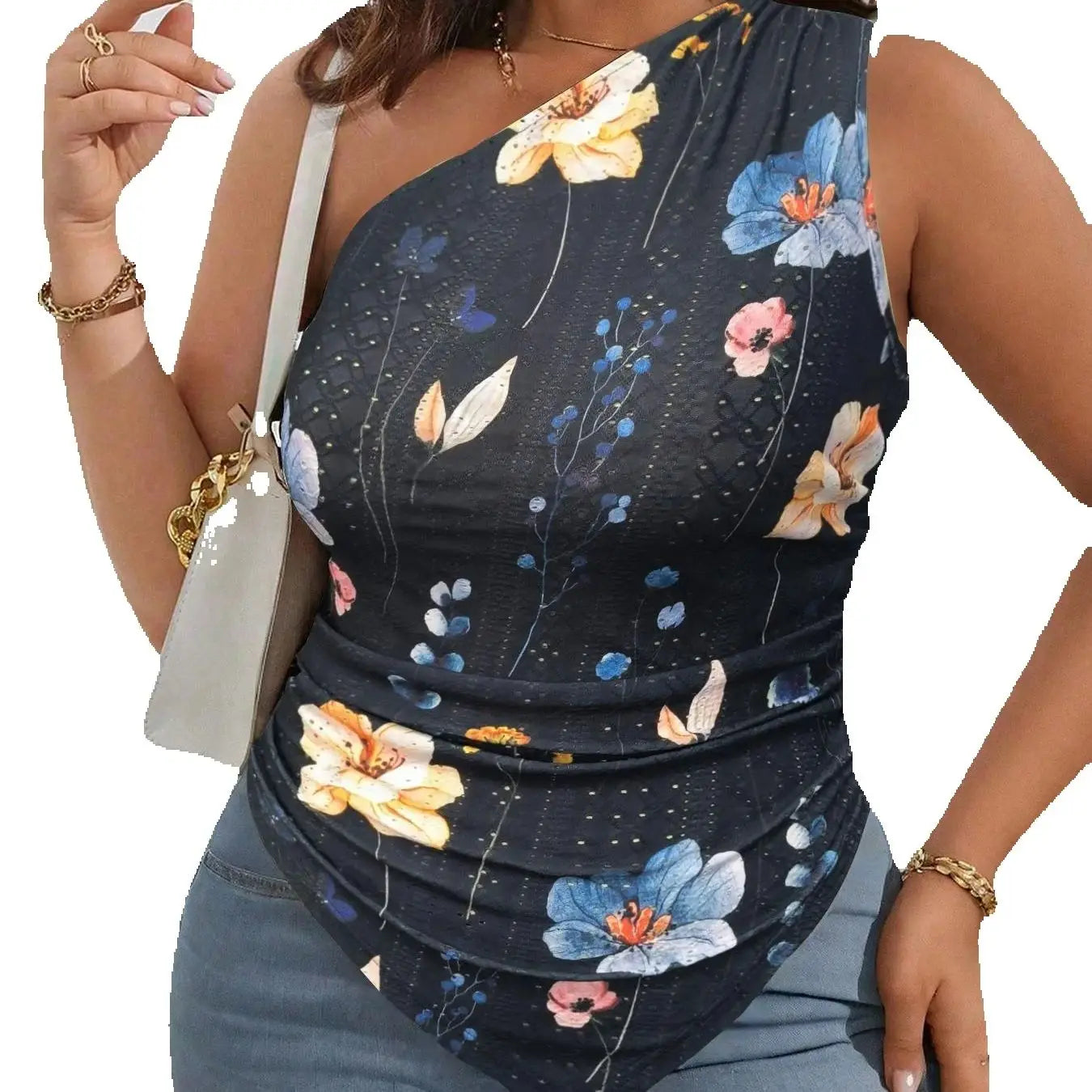 Plus Size Women's Floral Print Top, Casual Tight-Fitting Woven Blouse for All Seasons, Stylish Apparel