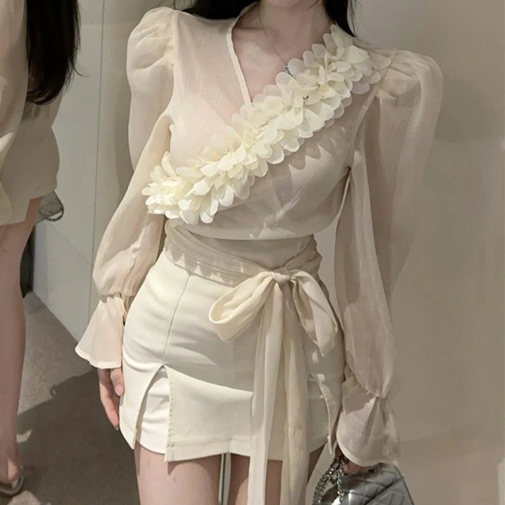 V Neck Bubble Sleeve Chiffon Blouse