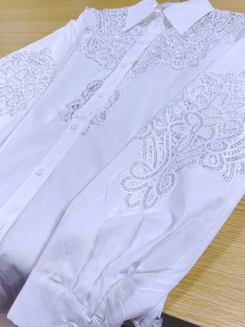 Sequin Embroidered Oversized Cotton Blouse for Women