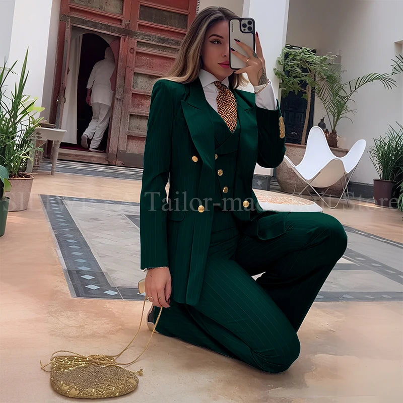 Slim Fit Double Breasted Green Striped Suit Set For Women
