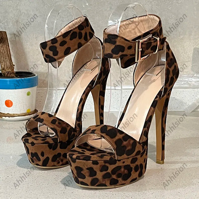 Leopard Print Suede Stiletto Sandals With Buckle For Women