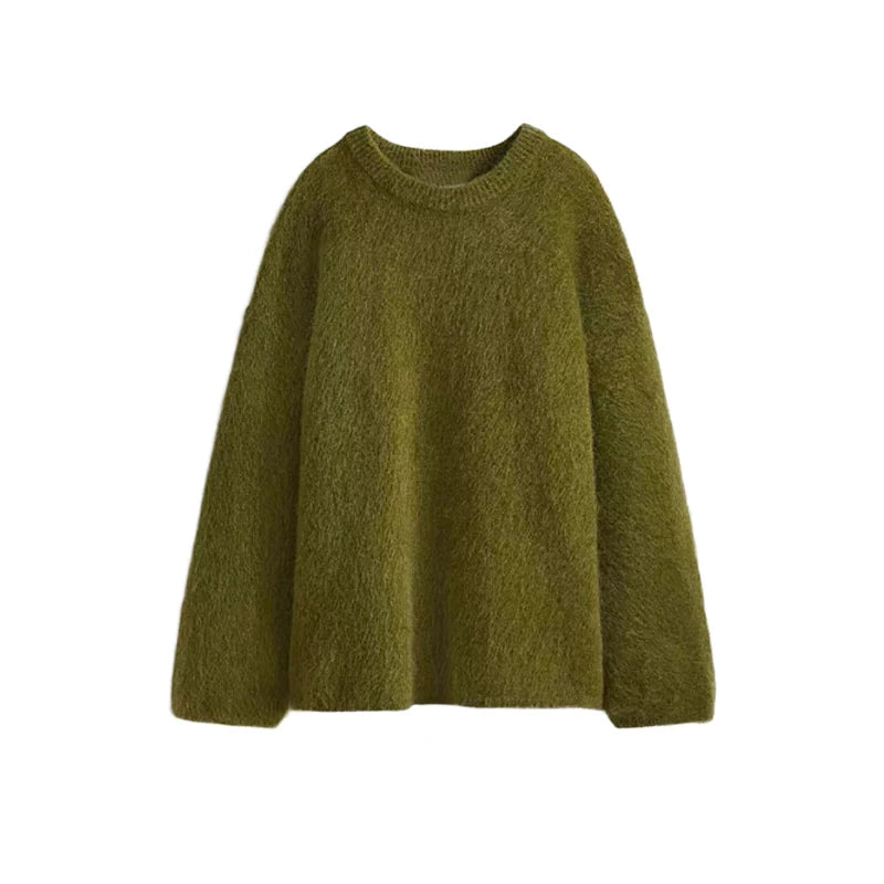 Green Women's Knit Hoodie Coat Full Sleeve Front Pocket  Casual Sweater Top 2025 Early Autumn Loose Female Knitwear Outerwear