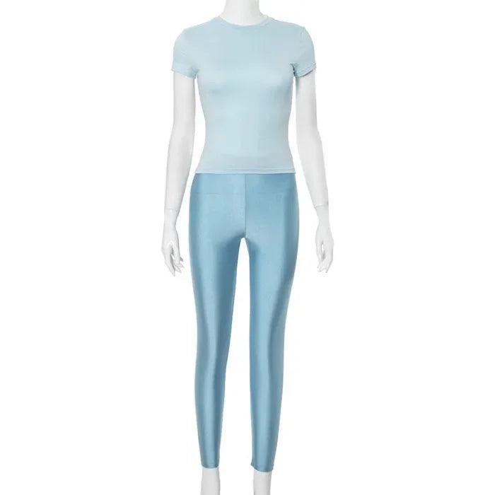 Two Piece Set for Woman Streetwear Solid Round Neck Short Sleeved T-shirt Top and Tight Pants Suit Spring and Summer 2025 New