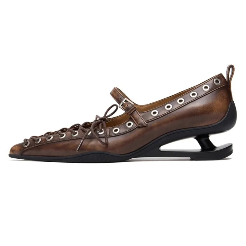Retro Pointed Toe Lace-Up Rivet Detail Pumps for Women