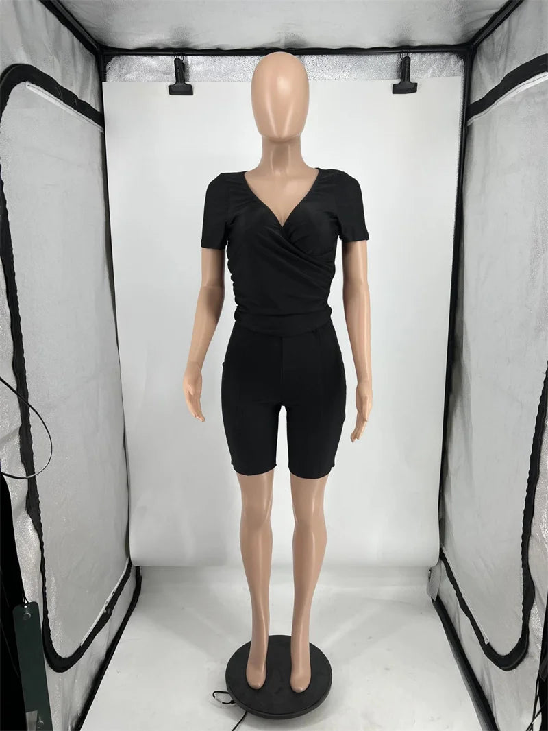 Black Red 2 Piece Set Women Outfit Party Night Club Ruched Stretchy V-neck Short Sleeve Top and Shorts New in Matching Sets