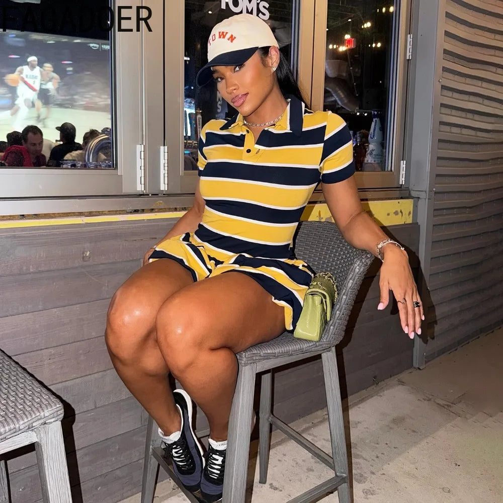 Vibrant Yellow Striped Patchwork Mini Dress for Women