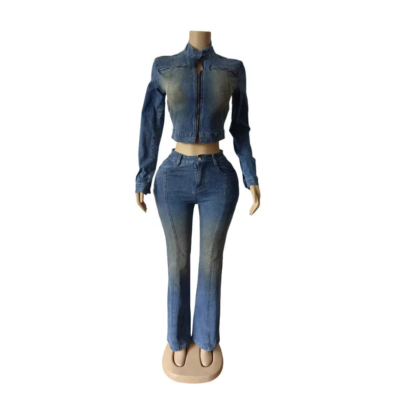 Elegant Blue Denim Matching Jacket And Trousers Set For Women