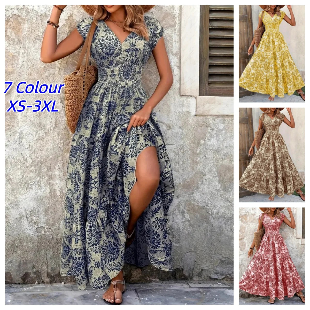 Bohemian Floral Printed V Neck Midi Dress For Women