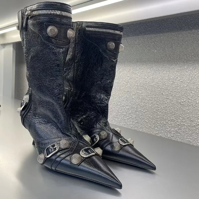 Punk Style Knee-High Rivet Detail Motorcycle Boots for Women