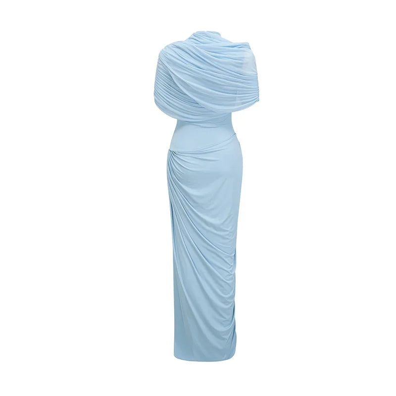 Blue Pleated Shawl Maxi Dress Women Elegant Short Sleeve Slim Fit Evening Party Robe 2025 Autumn Summer Chic Solid New Vestidos