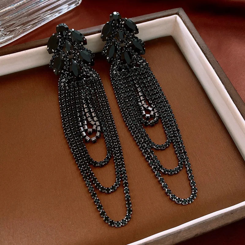 Long Rhinestone Leaf Tassel Drop Earrings for Women
